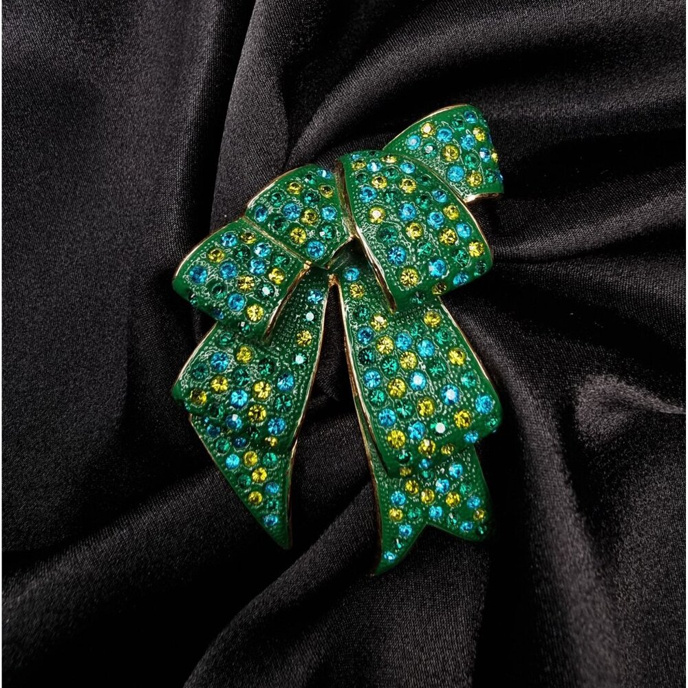 Vintage Joan Rivers 1990s Green & Yellow Rhinestone Bow Brooch Pin Gold-Tone Met